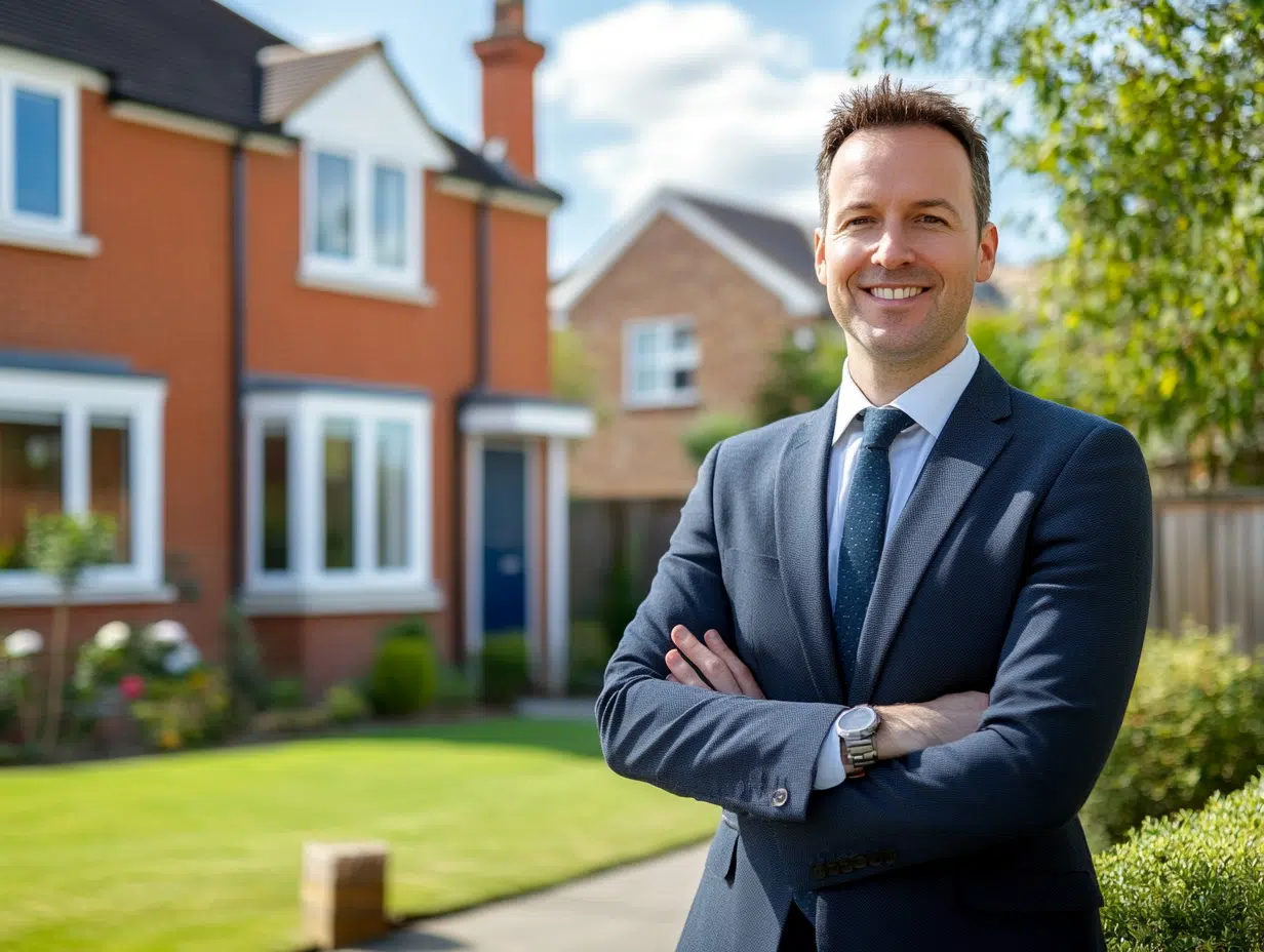 Property auctioneer standing in front of a British house